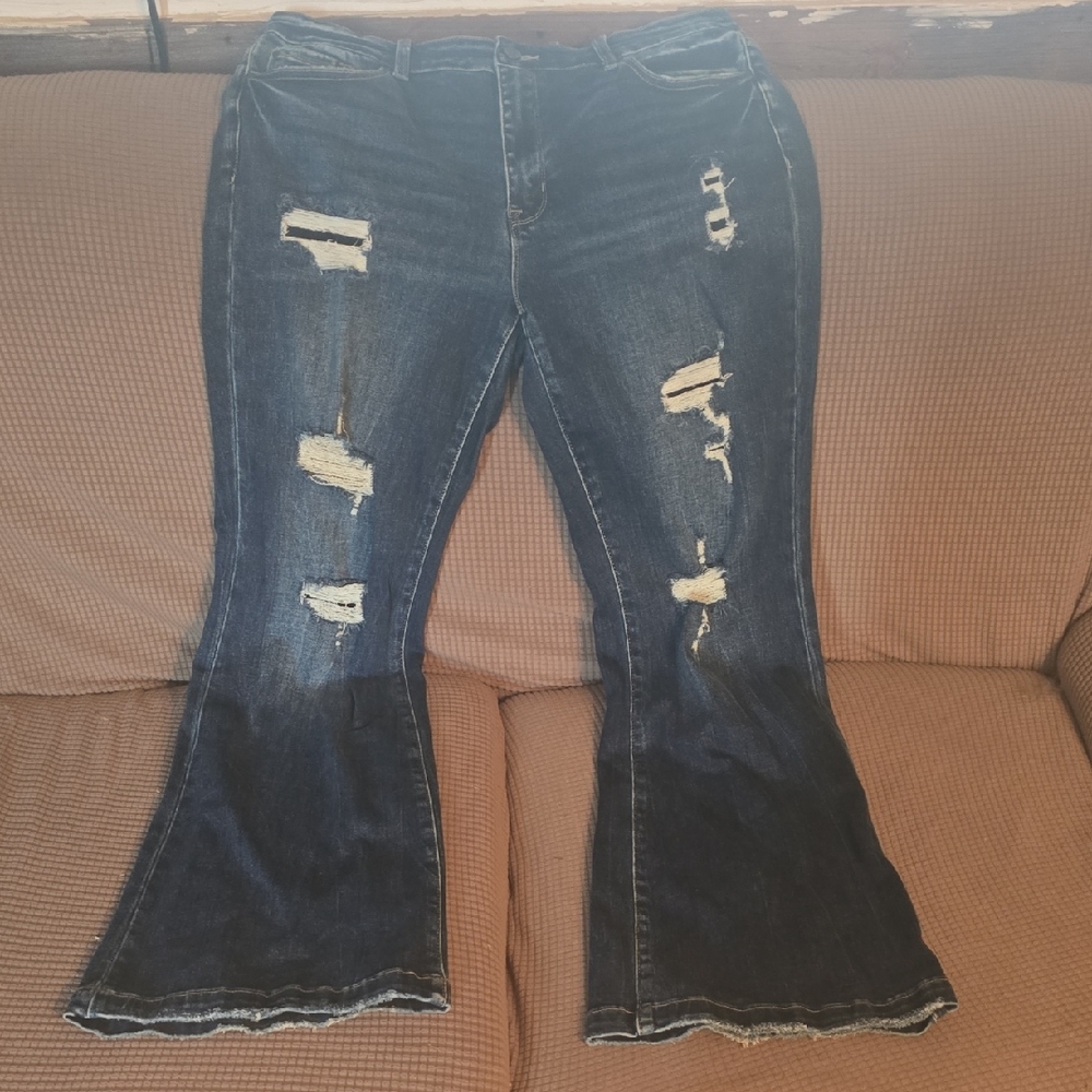 Dark Wash Distressed Flare Jeans Length-32